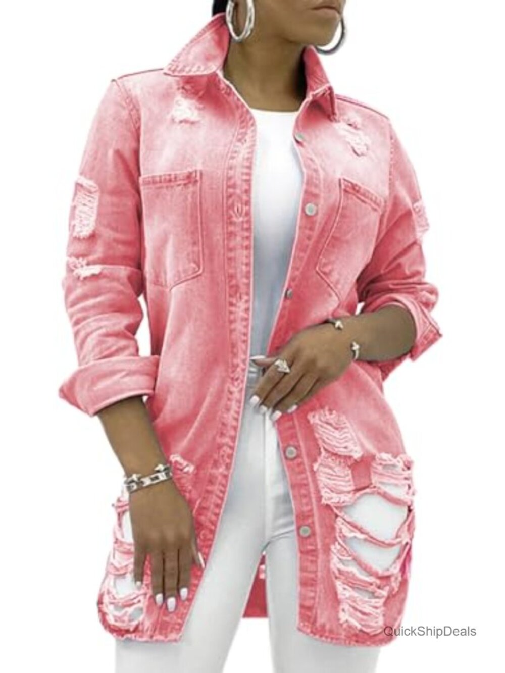 Long Denim Jacket Women Classic Trucker Ripped Oversized Jean Coat